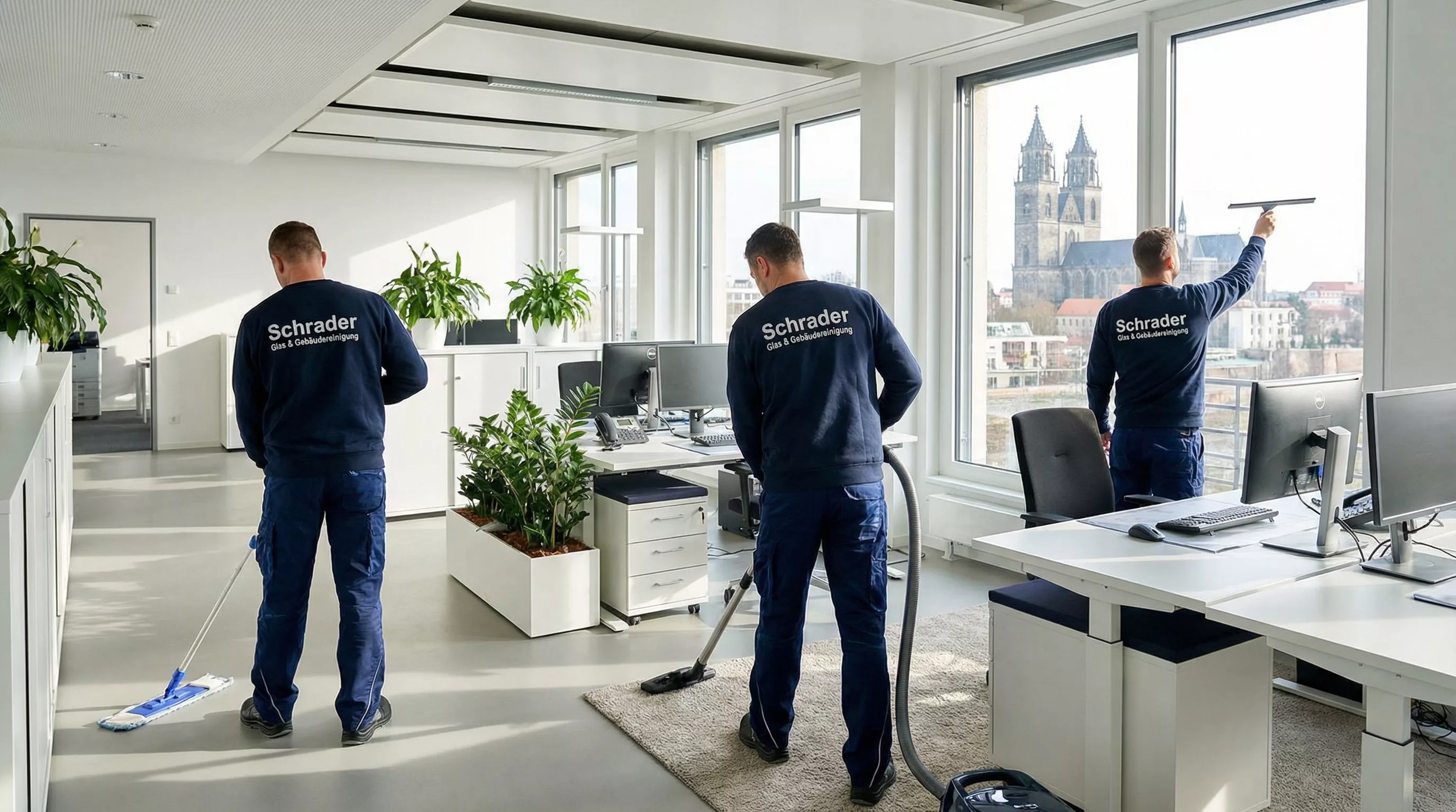 Professionelle Büroreinigung in Magdeburg – Reinigungsfachkraft reinigt Büroarbeitsplätze hygienisch
