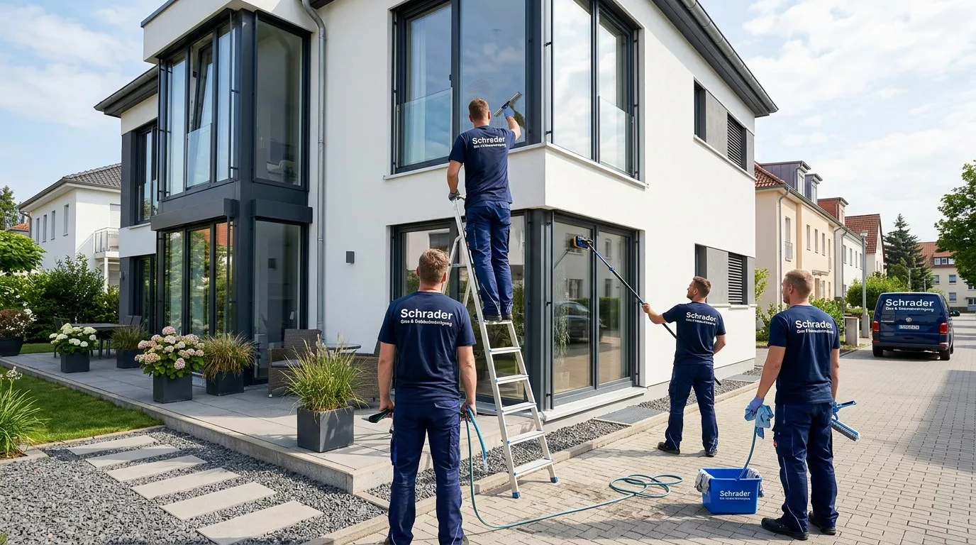 Fensterreinigung Einfamilienhaus Magdeburg – Fachkraft reinigt Fensterscheiben streifenfrei von außen