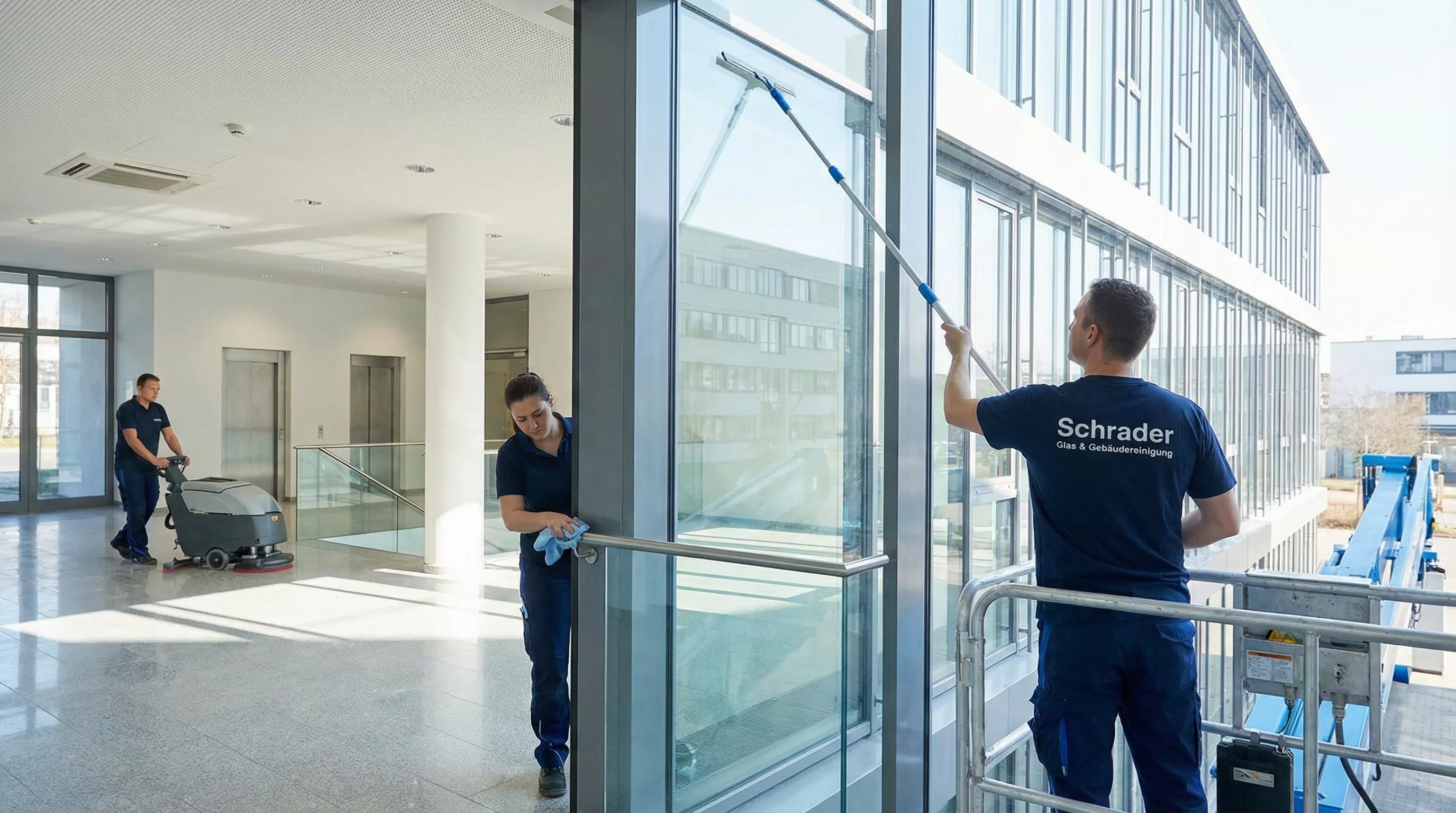 Professionelle Gebäudereinigung in Magdeburg – Reinigungsfachkraft pflegt Bürogebäude