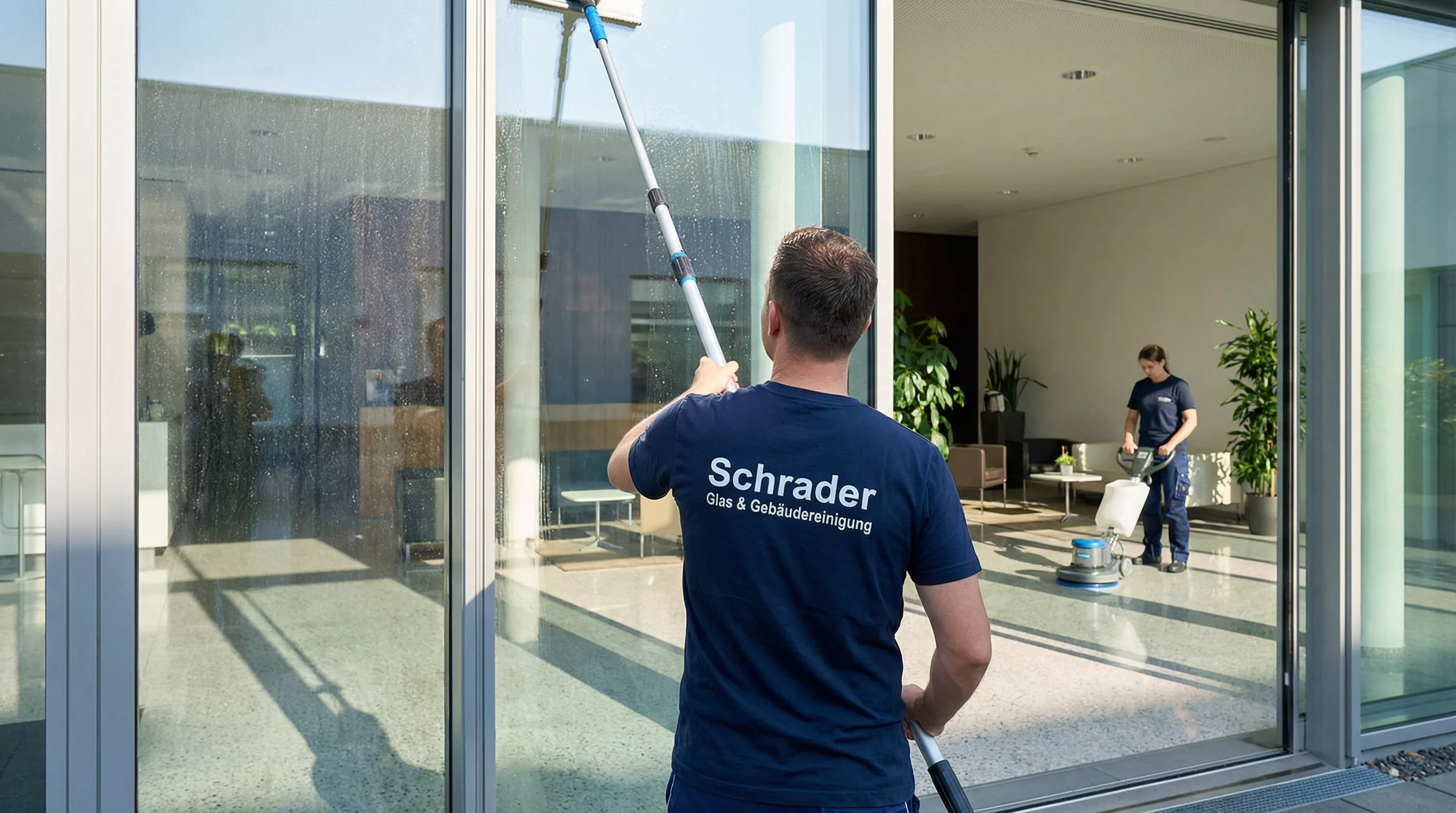 Glasreinigung Büro Magdeburg – Fachkraft reinigt Bürofenster streifenfrei und professionell