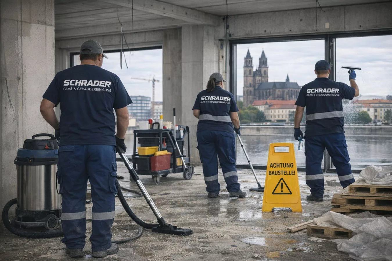 Reinigungsteam Schrader bei der Baureinigung in Magdeburg – Feinreinigung nach Bauabschluss