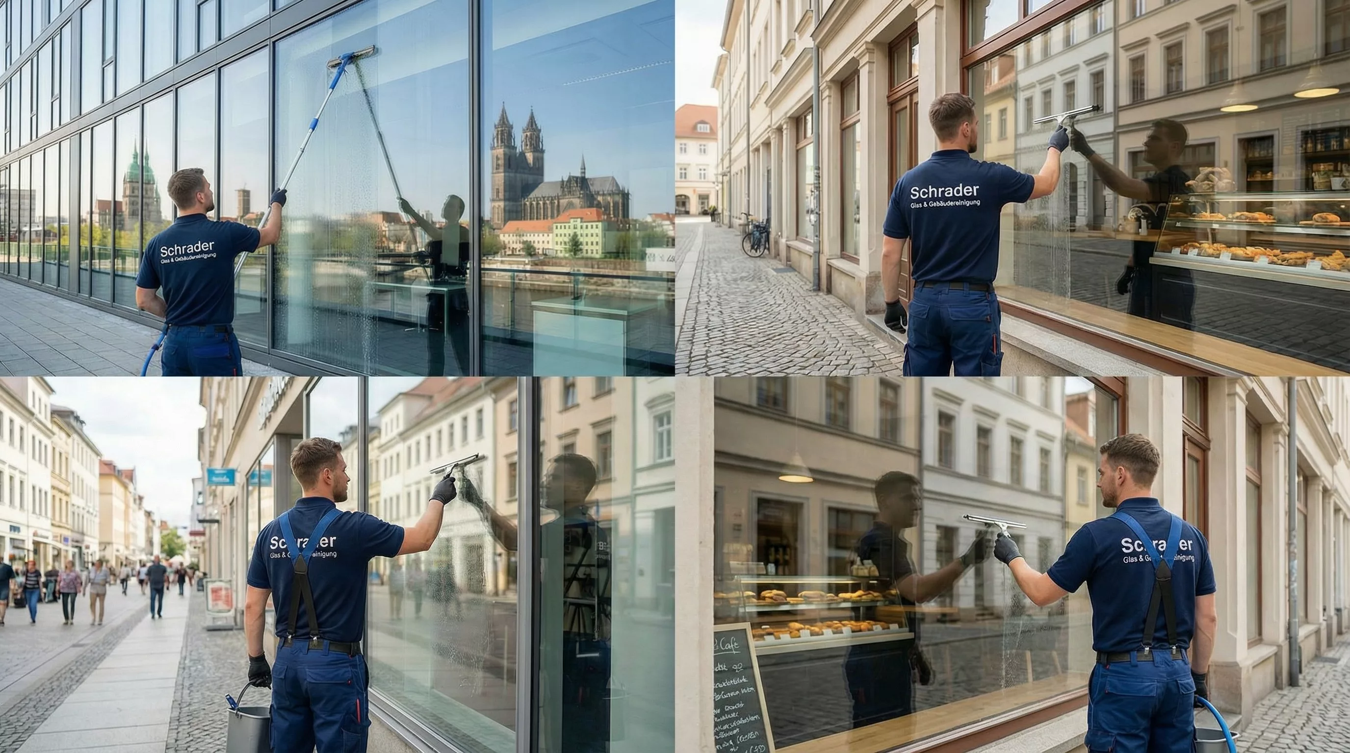 Schaufensterreinigung Magdeburg – Fachkraft reinigt Schaufensterscheibe streifenfrei